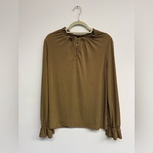 Adrianna Papell Yellow And Brown Checkered Ruffle Blouse.